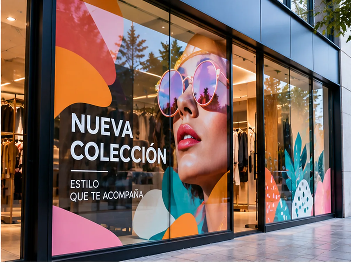 Rotulación у Publicidad en Madrid Vinilos impresos para escaparates en Madrid con campaña publicitaria a todo color instalada sobre los cristales de una tienda.